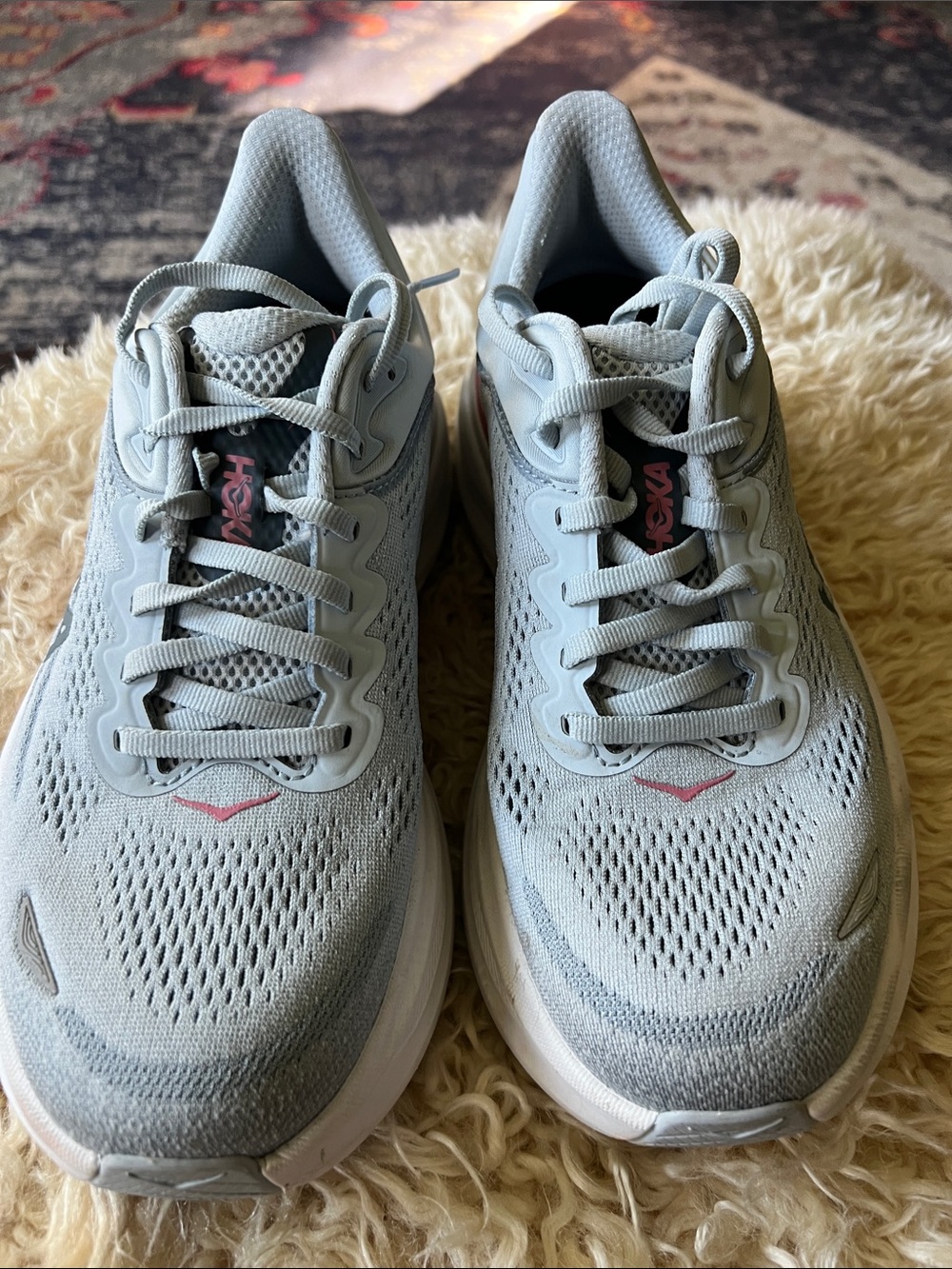Hoka Bondi 9  Women's Pale Blue Mesh Running Shoes with Pink Accents
